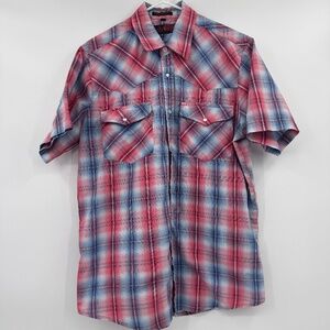 Canyon Guide Shirt Men Large Red Blue Plaid Snap Button Up Short Sleeves Western